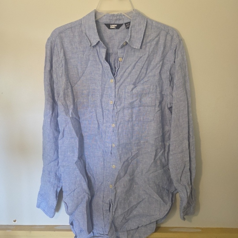 Lands' End Light Blue Linen Button-Down Shirt- Size Small/ Tall